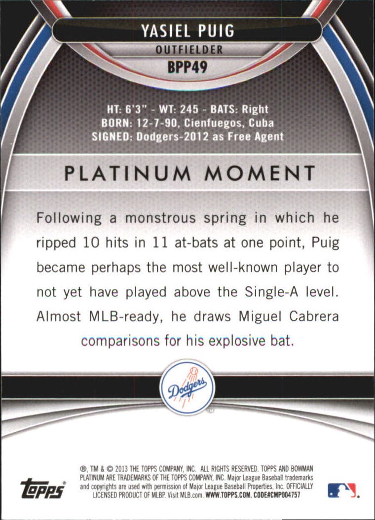 2013 Bowman Platinum Prospects #BPP49A Yasiel Puig RC Rookie Card