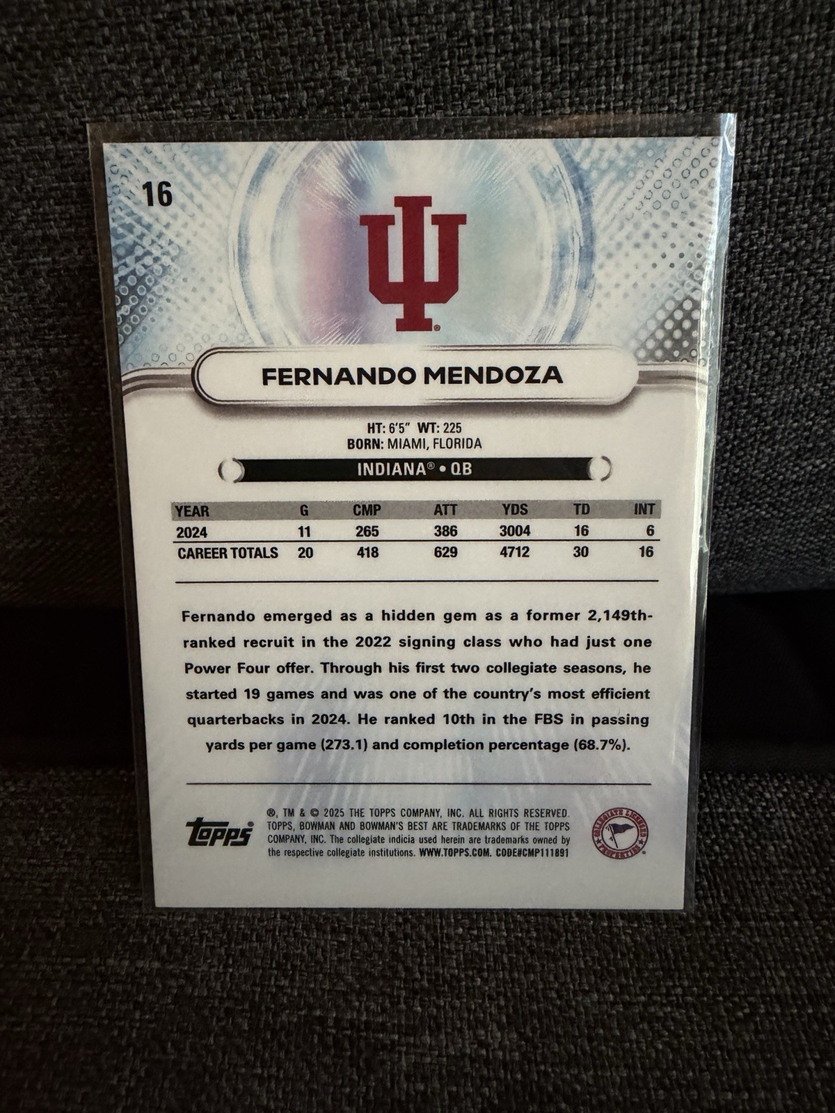 Fernando Mendoza Base 2025 Bowman Best U Football #16 Indiana Raiders