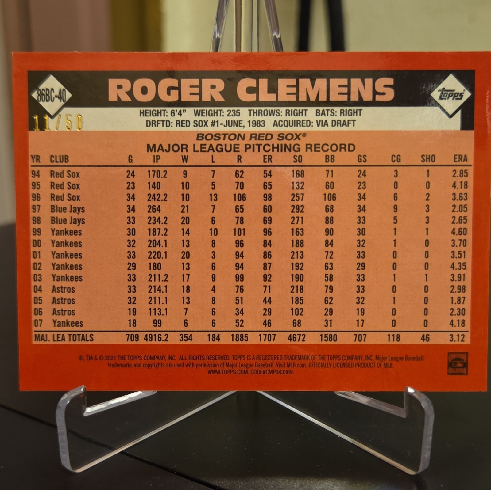 Topps 2021 Silver Pack 1986 Chrome Roger Clemens Red Sox Gold /50 #86BC-40