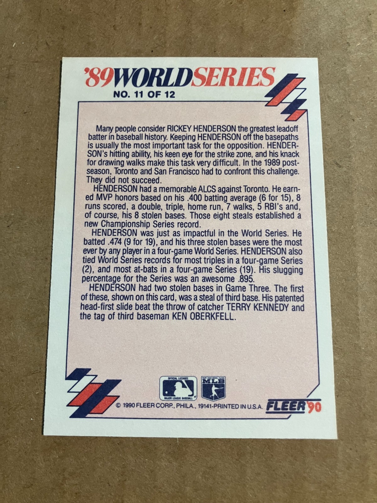Rickey Henderson 1990 fleer ’89 World Series #11 Oakland Athletics