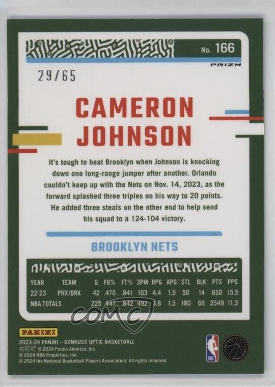2023 Panini Donruss Optic International Green Prizm 29/65 Cameron Johnson 1gw7
