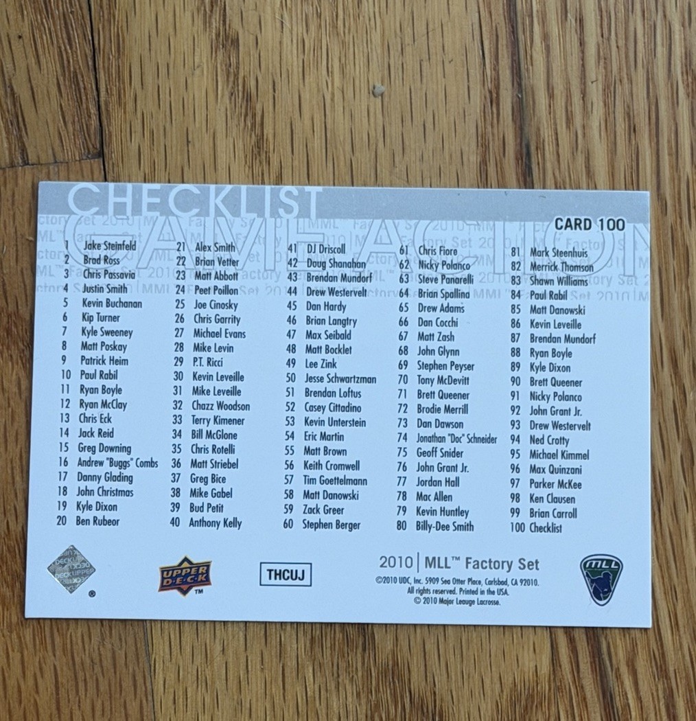 2010 Upper Deck MLL Lacrosse Greg Gurenlian Rookie Card Mint RC #100 Checklist
