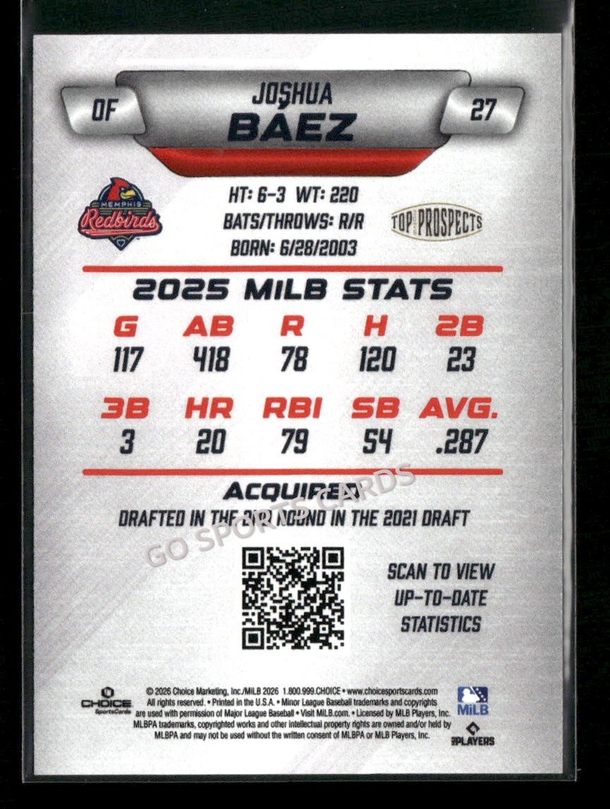2026 AAA Top Prospects Memphis Redbirds Joshua Baez RC Rookie Cardinals