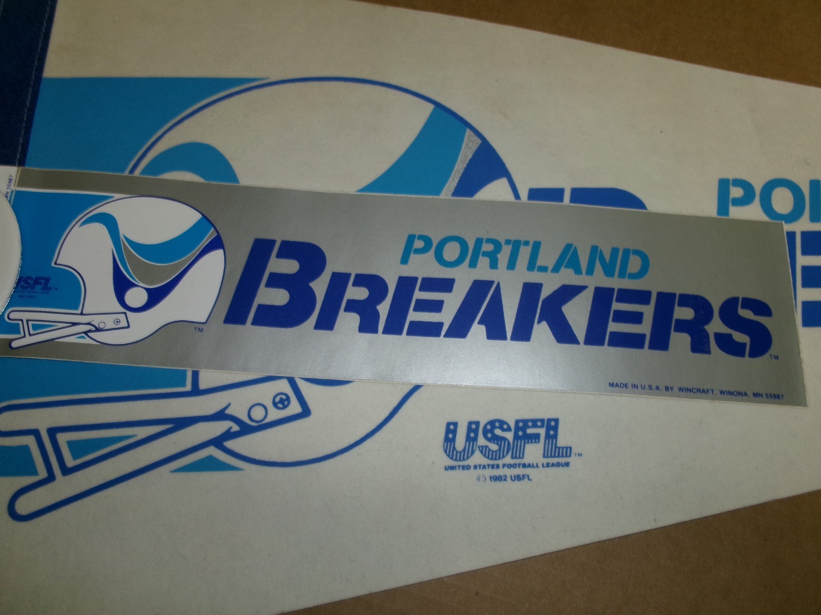 USFL Portland Breakers 1985 Pro Fan Pack-Pennant, Bumper Sticker, Pinback Button