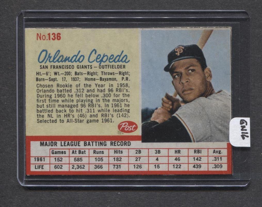 1962 Post #136 Orlando Cepeda (Giants) (GN16) NM (Flat Rate Ship) A2
