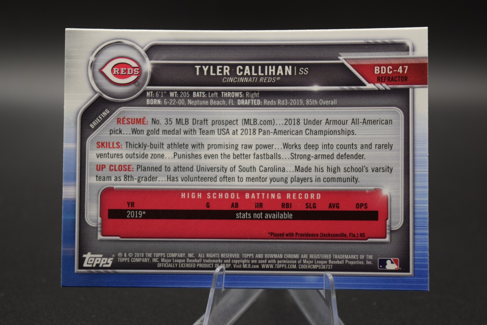 Tyler Callihan 2019 Bowman Draft #BDC-47 Chrome Refractor Cincinnati Reds