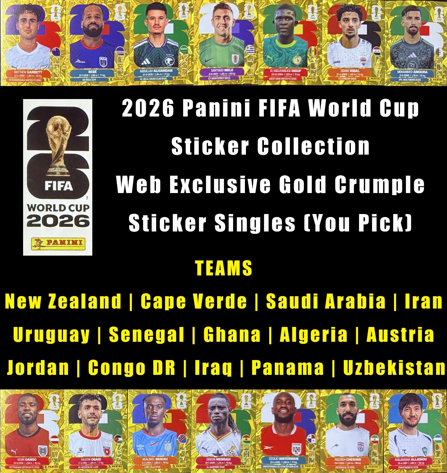 2026 Panini FIFA World Cup Sticker Gold Flood Crumple Singles (You Pick!)