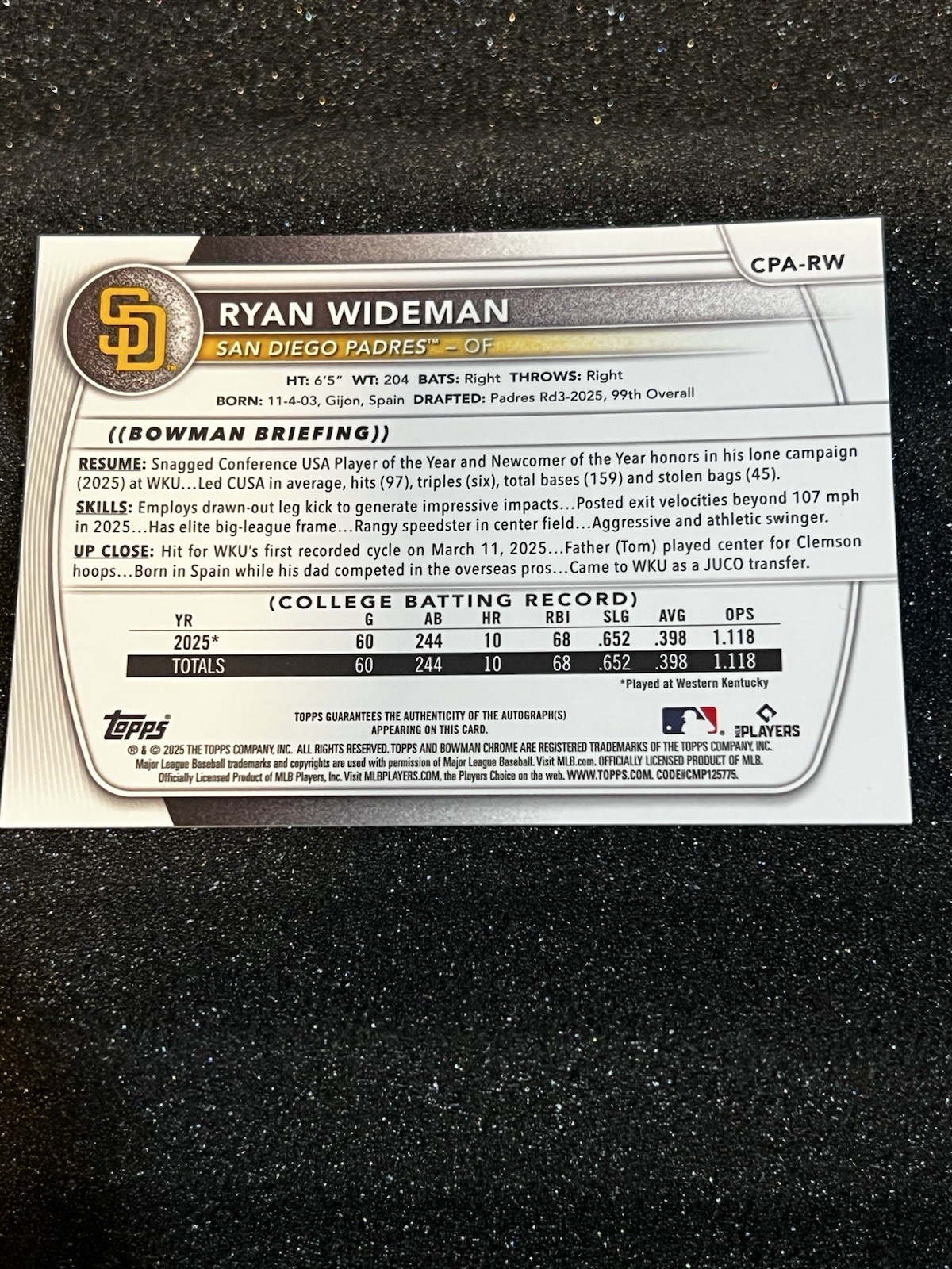 2025 1st Bowman Draft Chrome Ryan Wideman Auto RC Padres