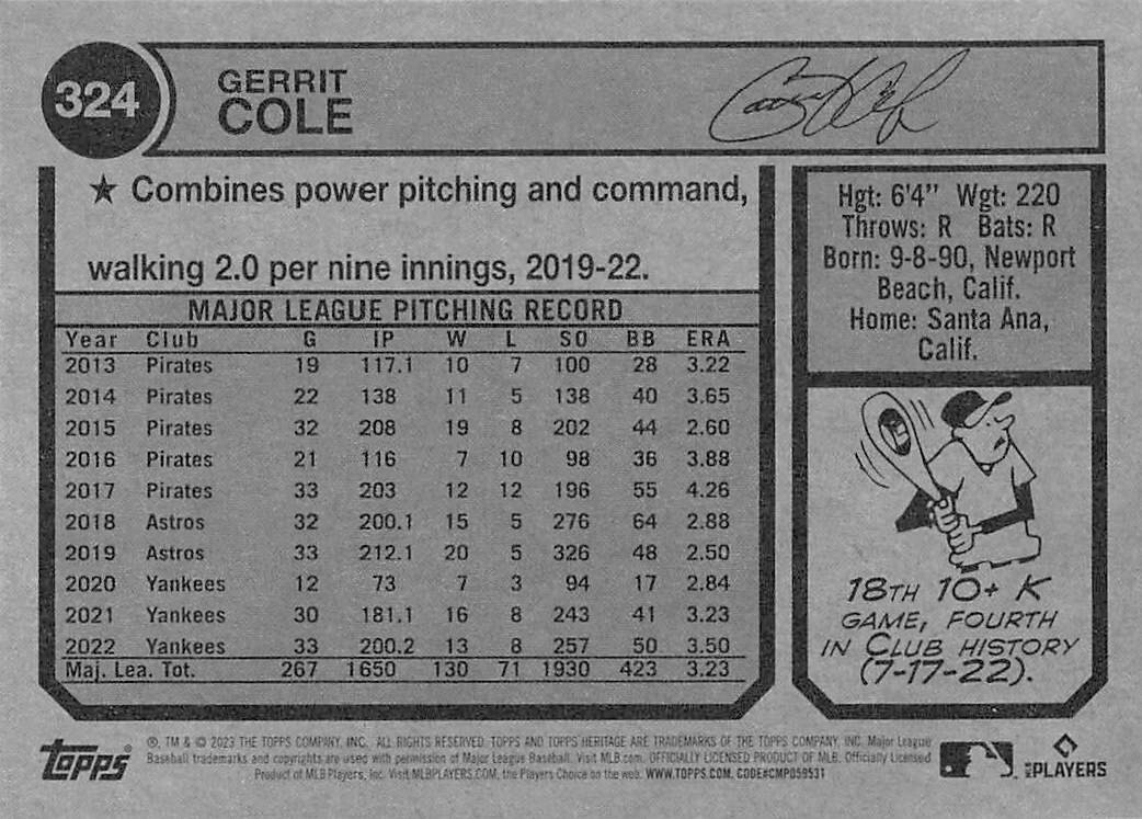 Gerrit Cole 2023 Topps Heritage Baseball card Base #324 New York Yankees