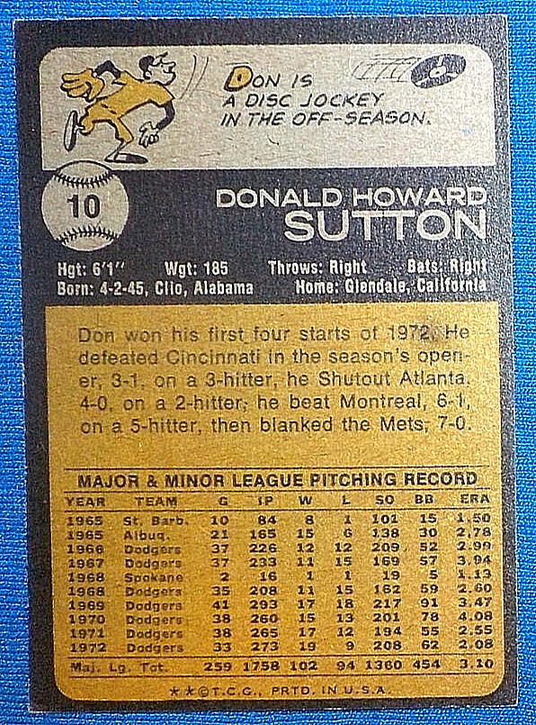1973 Topps #10 DON SUTTON LOS ANGELES DODGERS PITCHER HALL OF FAMER FREE SHIP!