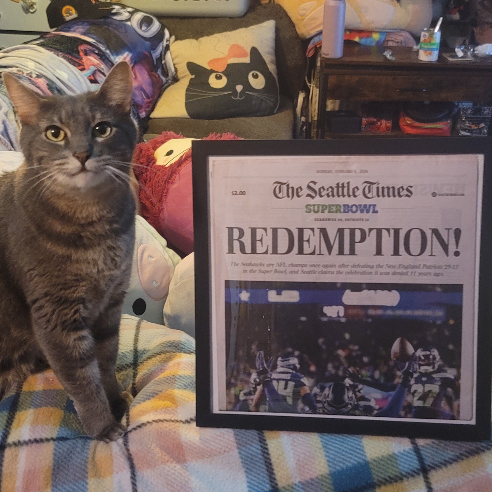 FRAMED SEATTLE SEAHAWKS FULL NEWSPAPER SUPER BOWL WIN HISTORY 2/9/2026