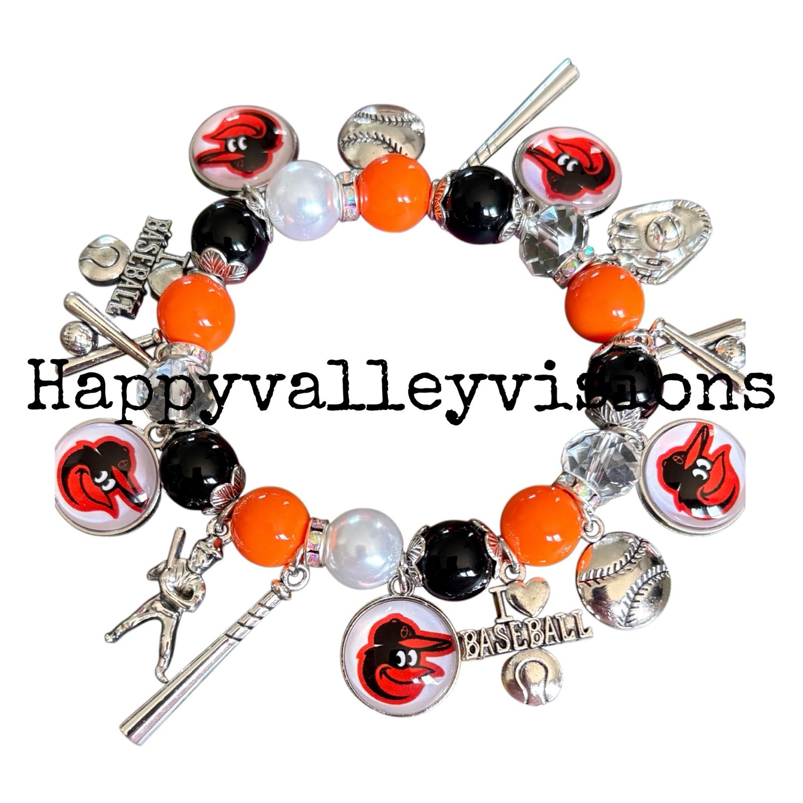 Women’s BALTIMORE ORIOLES Baseball Charm Bracelet Metal Glass Charms Stretchy