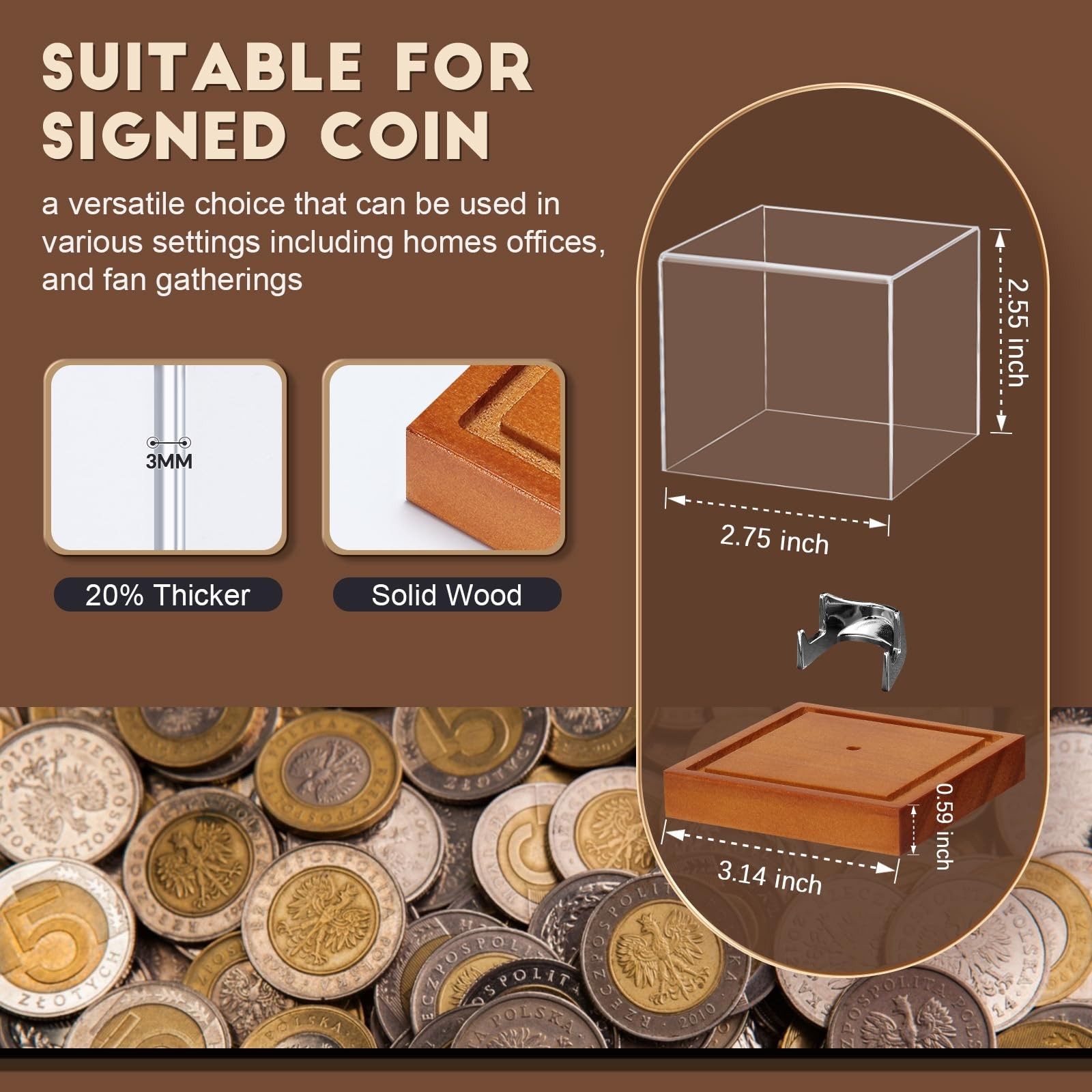 Coin Display Case, Clear Acrylic Showcase with Wood Base & Alloy Holder for S…