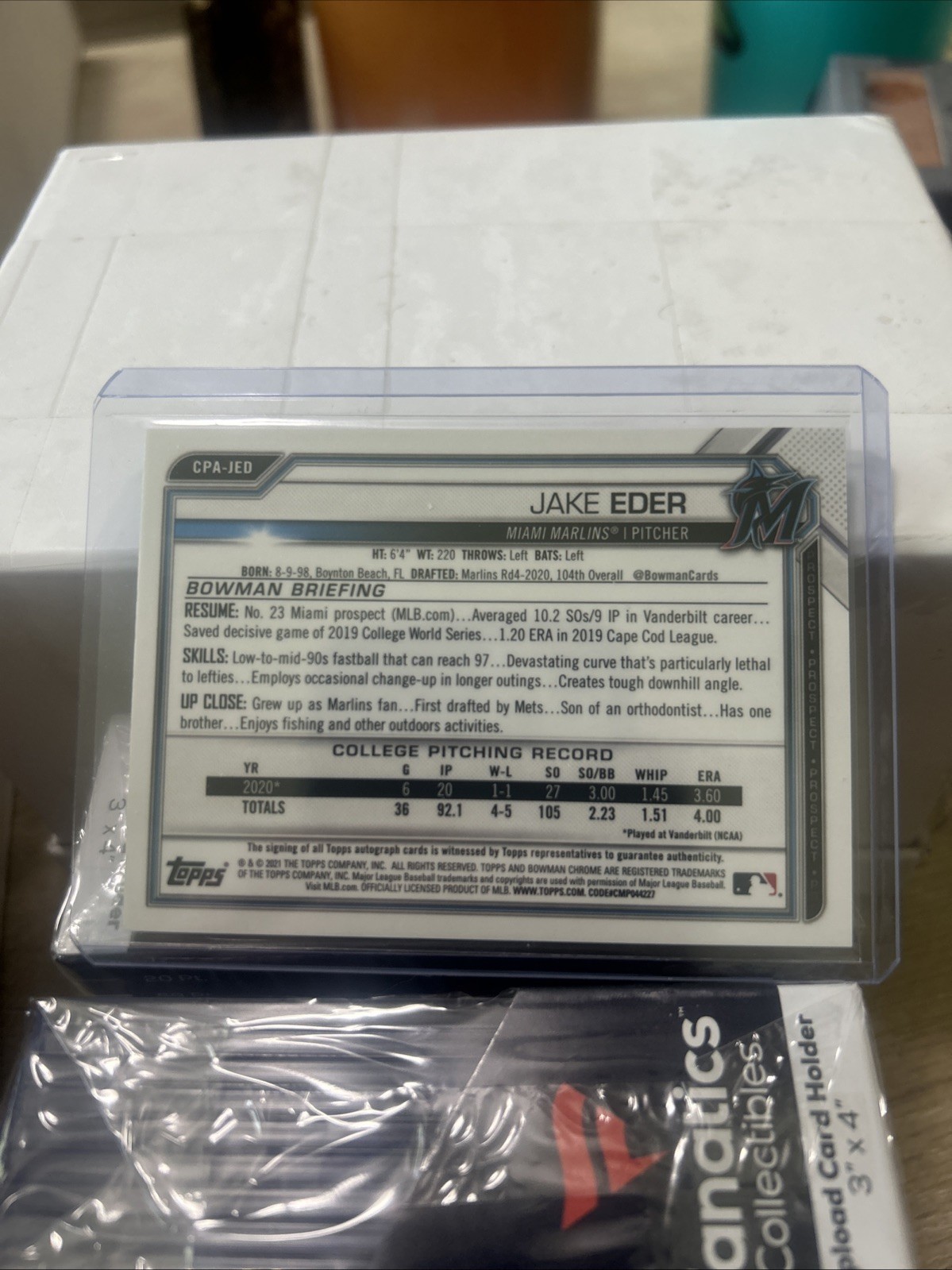 2021 Bowman Chrome Prospects Autographs Jake Eder Purple Refractor Auto # 54/250