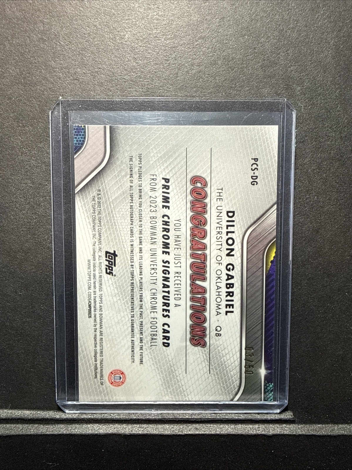 2022 Bowman University Chrome Prime Chrome #PCS-DG Dillon Gabriel Auto /50