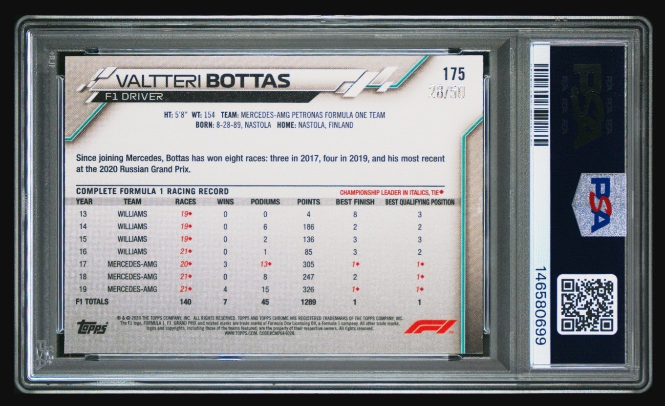 2020 ⛽ PSA 8 Gold Bottas Topps Chrome F1 #175 Gold Wave Refractor #/50