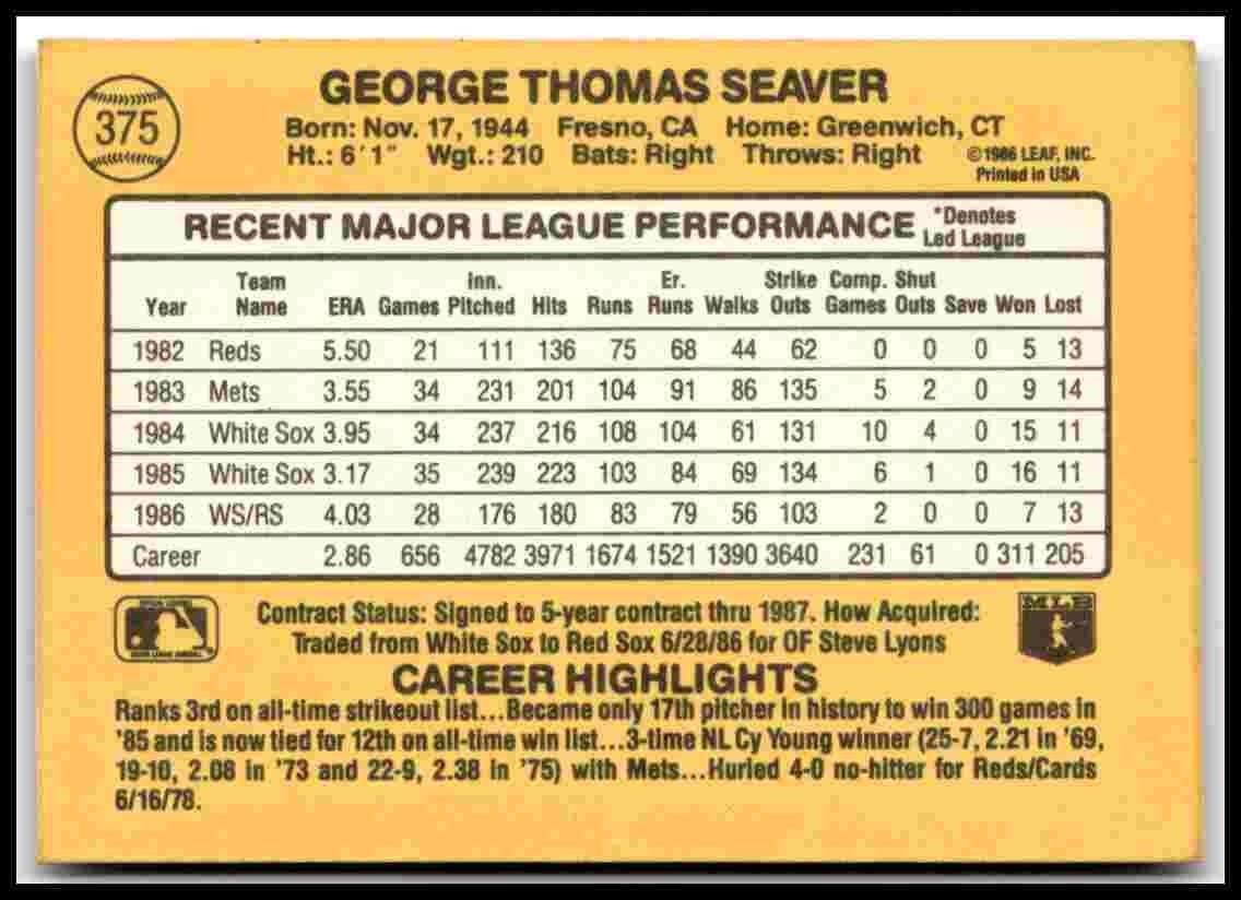 1987 Donruss #375 Tom Seaver
