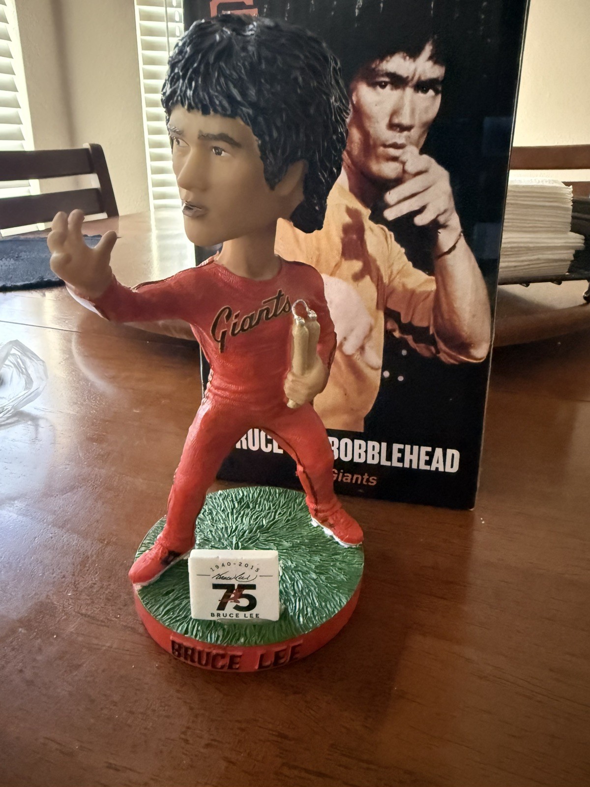 SF Giants Bruce Lee Bobblehead 75th Birthday Orange Jump Suit 2015 MIB