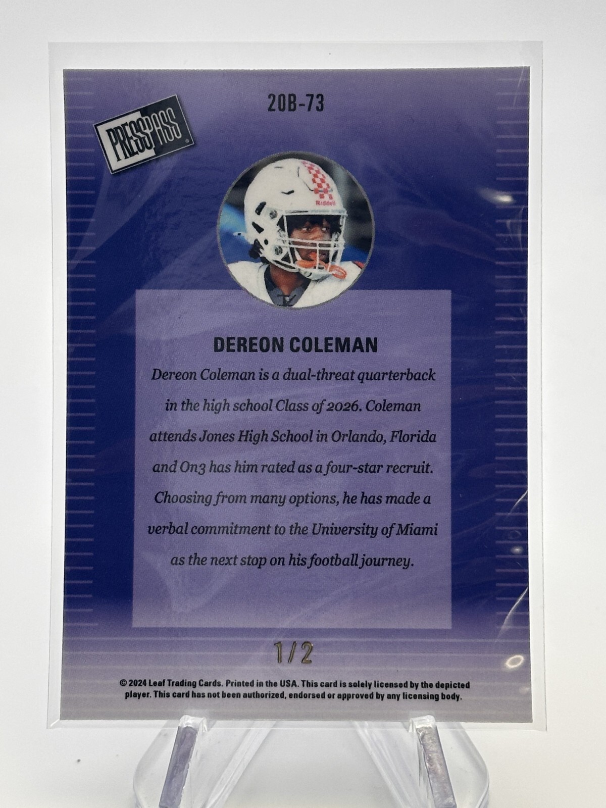DEREON COLEMAN 2024 LEAF PRESS PASS RAINBOW SHIMMER NON-AUTO /2