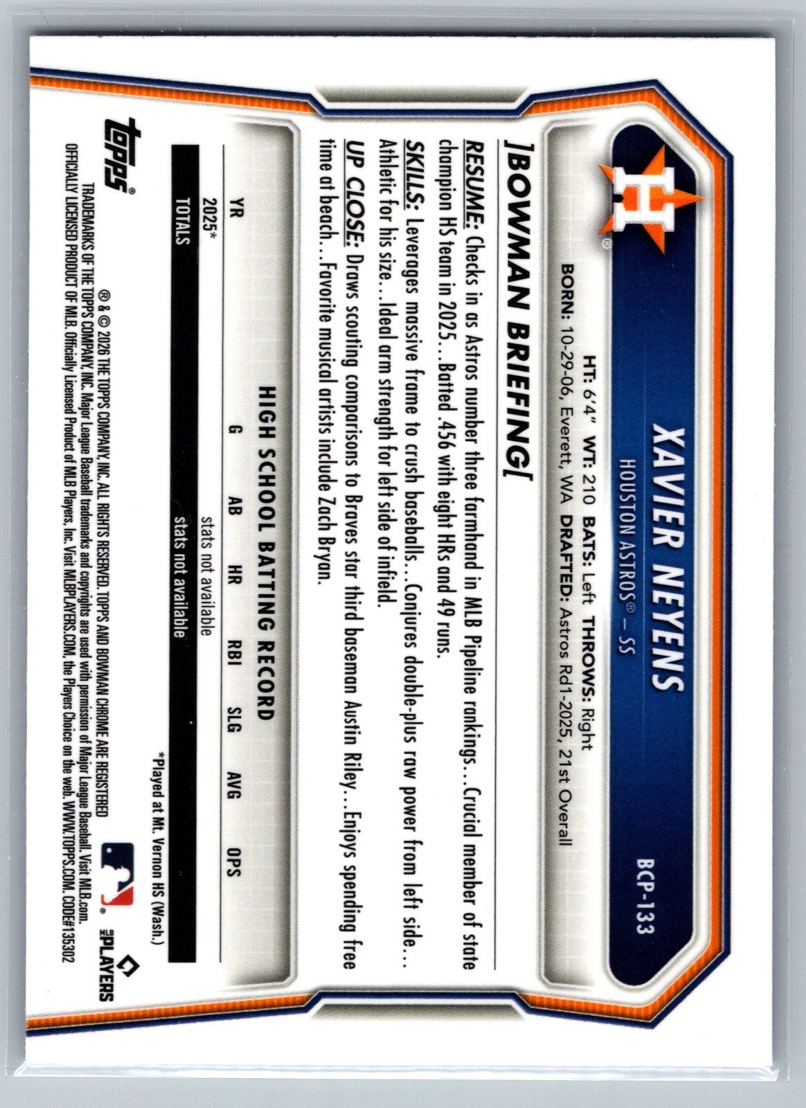 2025 Bowman Draft – Chrome Xavier Neyens #BDC-2 Purple Refractor /250 Astros