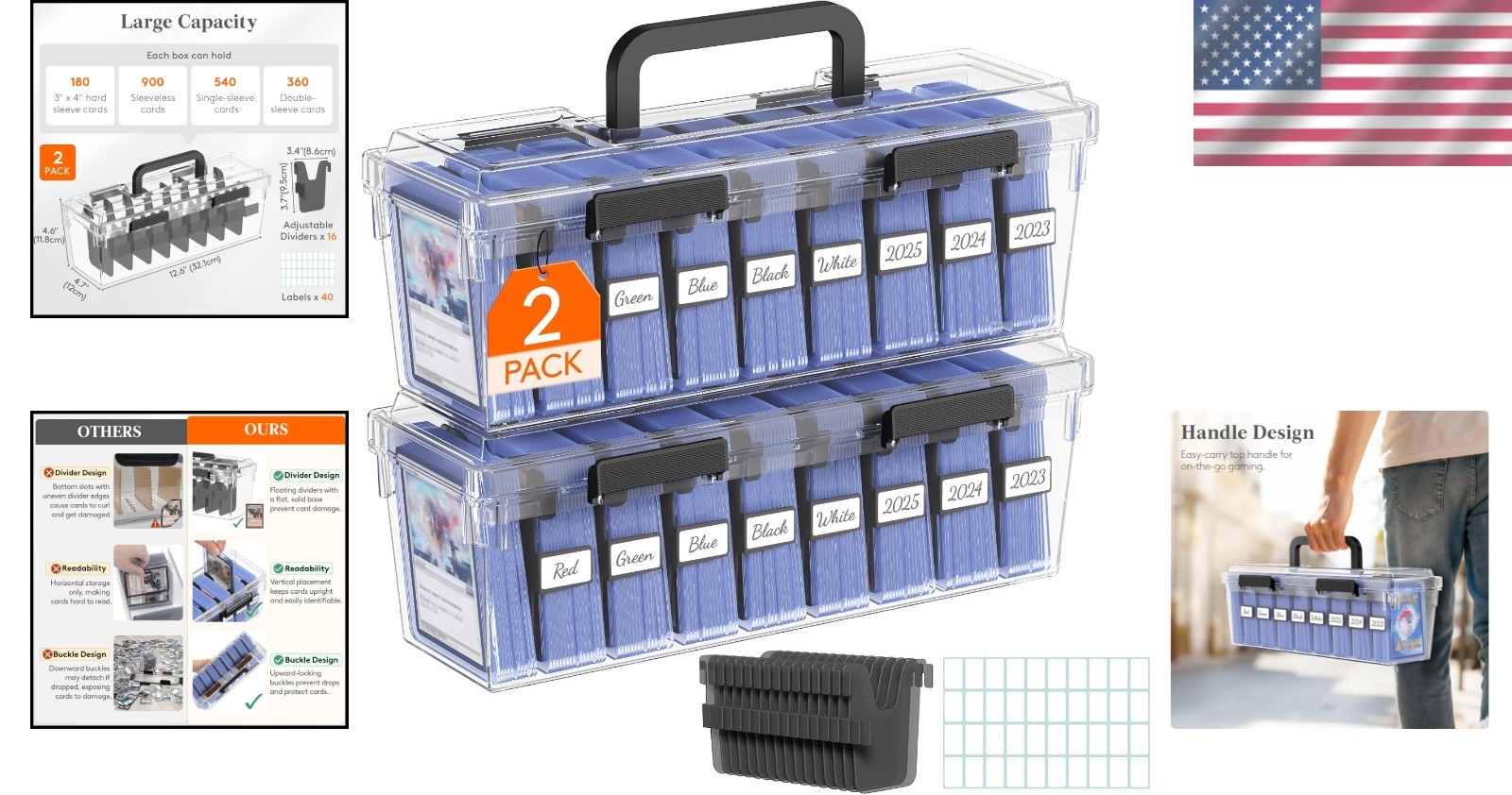 Large Capacity Card Storage Box with Adjustable Dividers for 900 Cards – 2 Pack