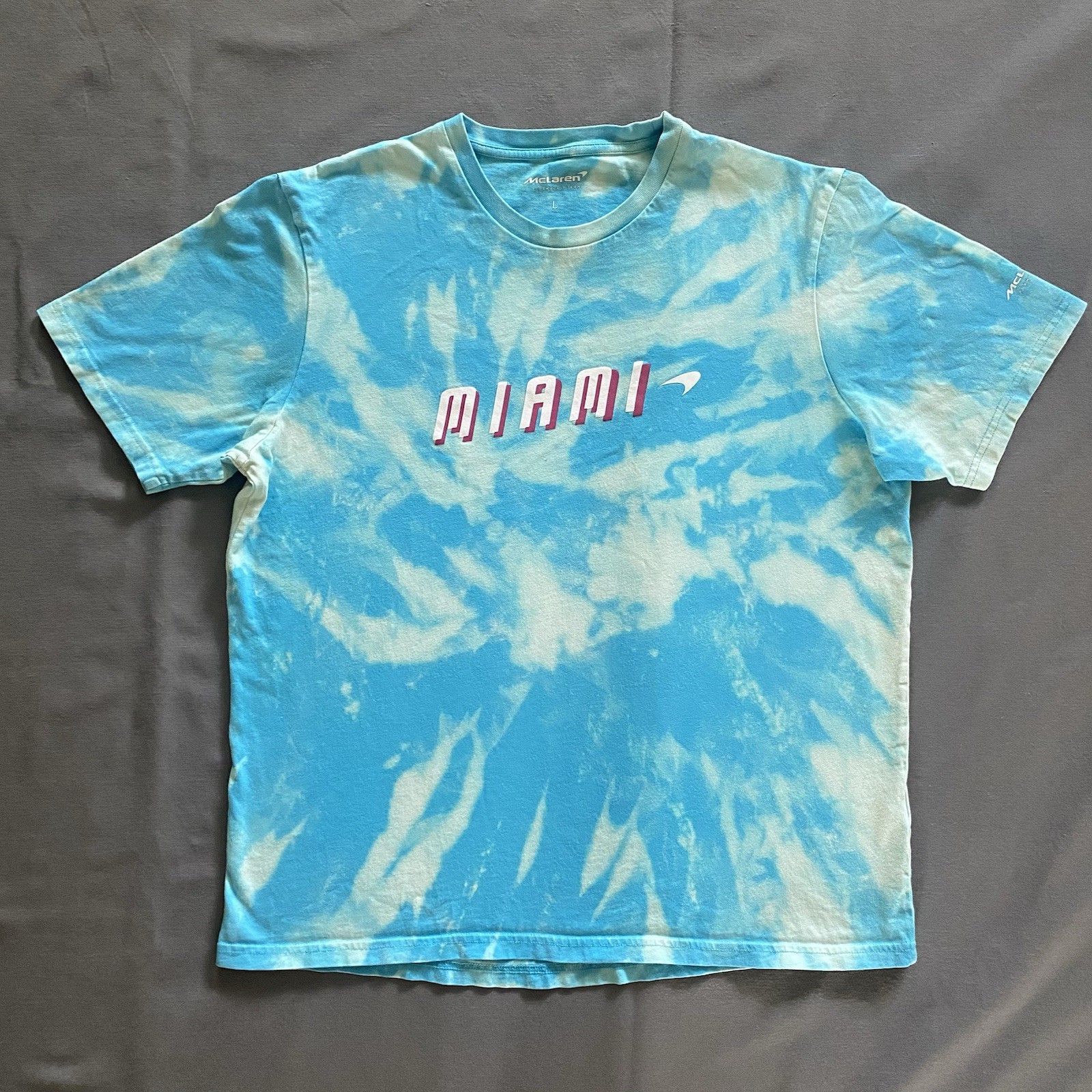 McLaren Formula 1 Team Miami T Shirt Mens Large Light Blue Bleach Dye F1