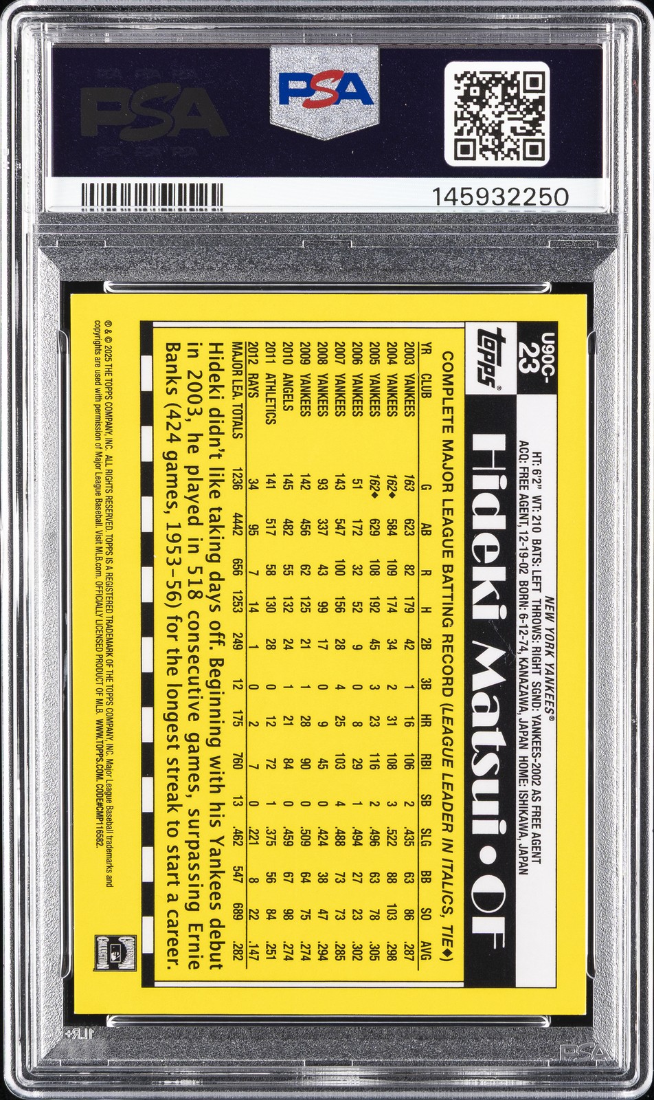 2025 TOPPS UPDATE SILVER PACK 1990 CHROME PROMO GOLD HIDEKI MATSUI 25/50 PSA 9