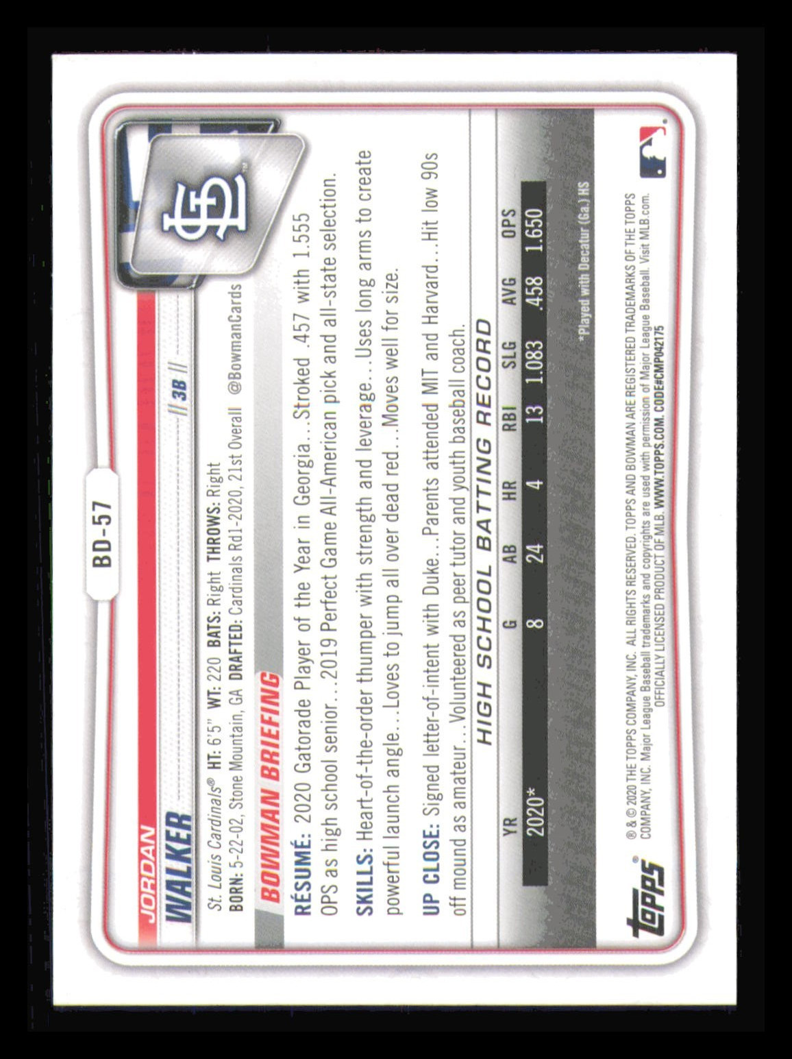 2020 Bowman Draft 1st Edition – Jordan Walker #BD-57 (RC) (Quantity)