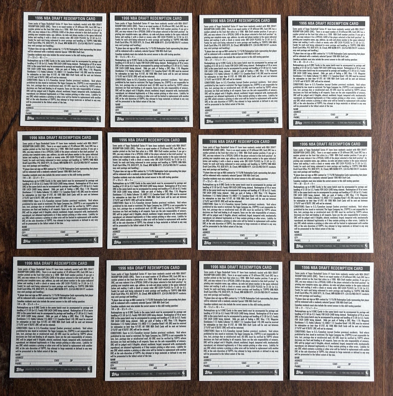 1996 Topps NBA Draft Redemption 12 Card Lot 2, 3, 5, 6, 7, 8, 12, 14 16 18 20 21