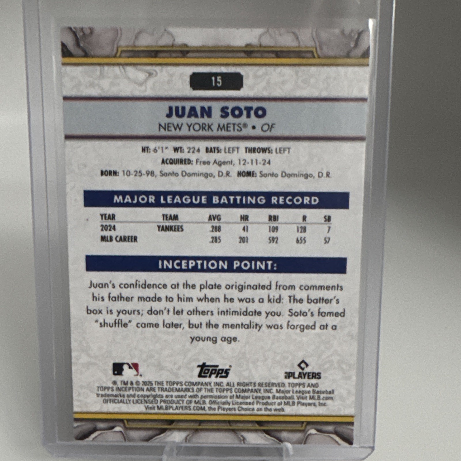 🔥🔥🔥Topps Inception 2025 Juan Soto New York Mets #15 Serial Numbered 039/199