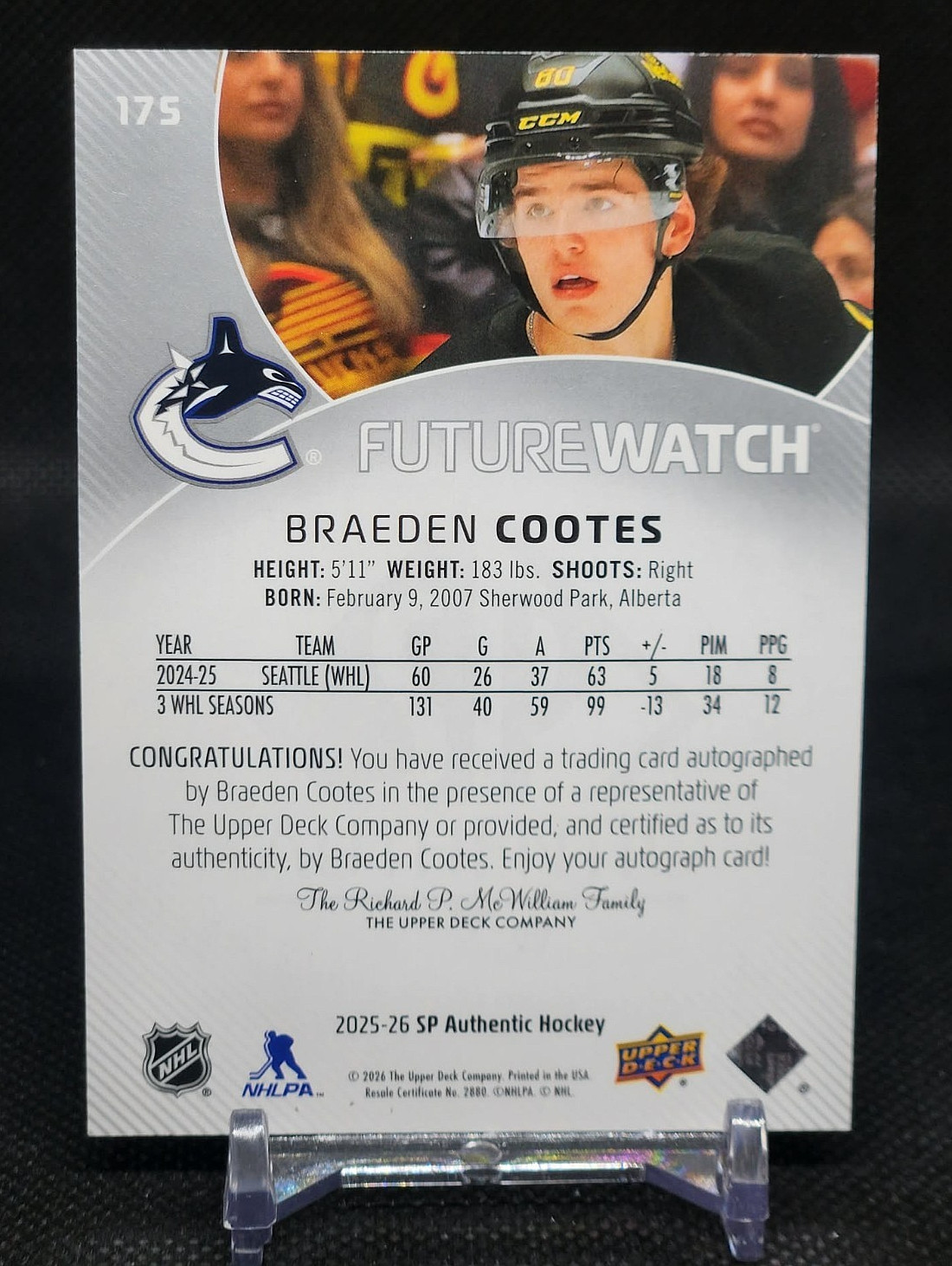 2025-26 Upper Deck SP Authentic Braeden Cootes Future Watch Auto #’D /999 #175