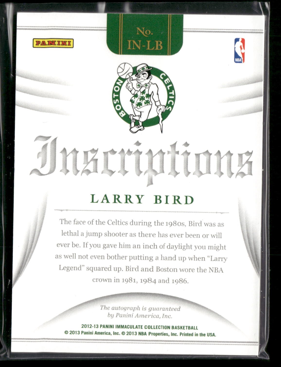 2012-13 Panini Immaculate Collection #IN-LB Larry Bird Inscriptions SN,AU #/99