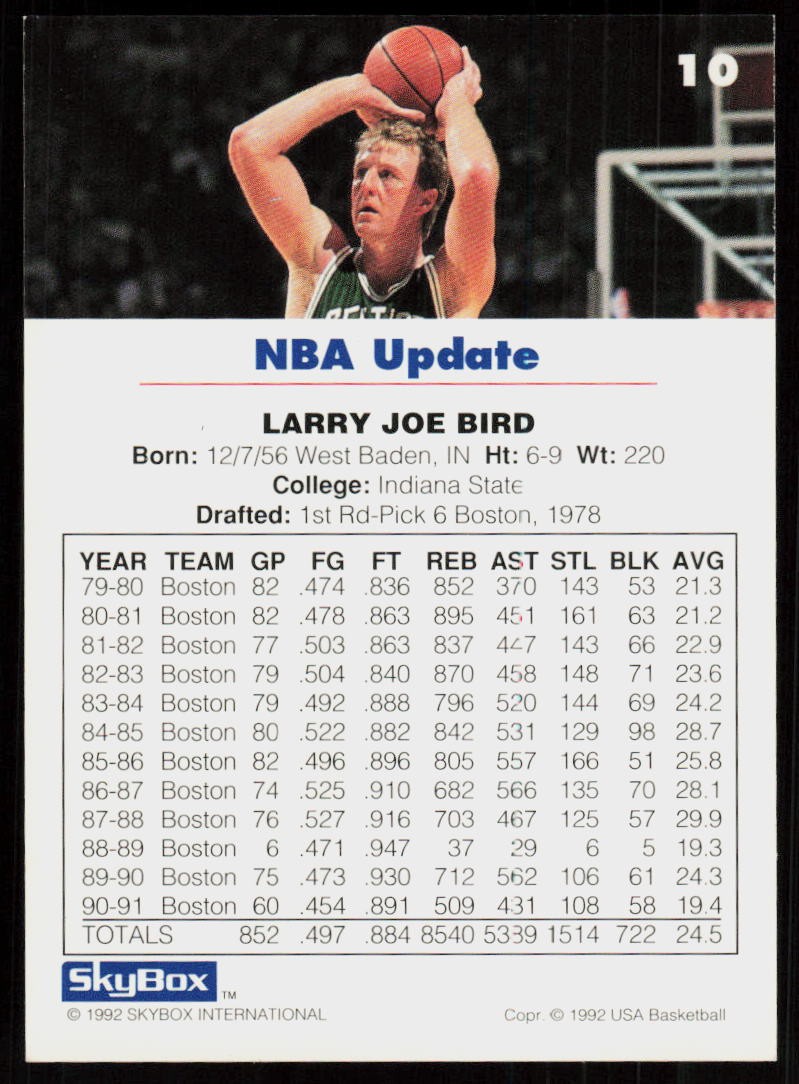 1992 SkyBox USA Larry Bird #10 BASKETBALL CARD USA