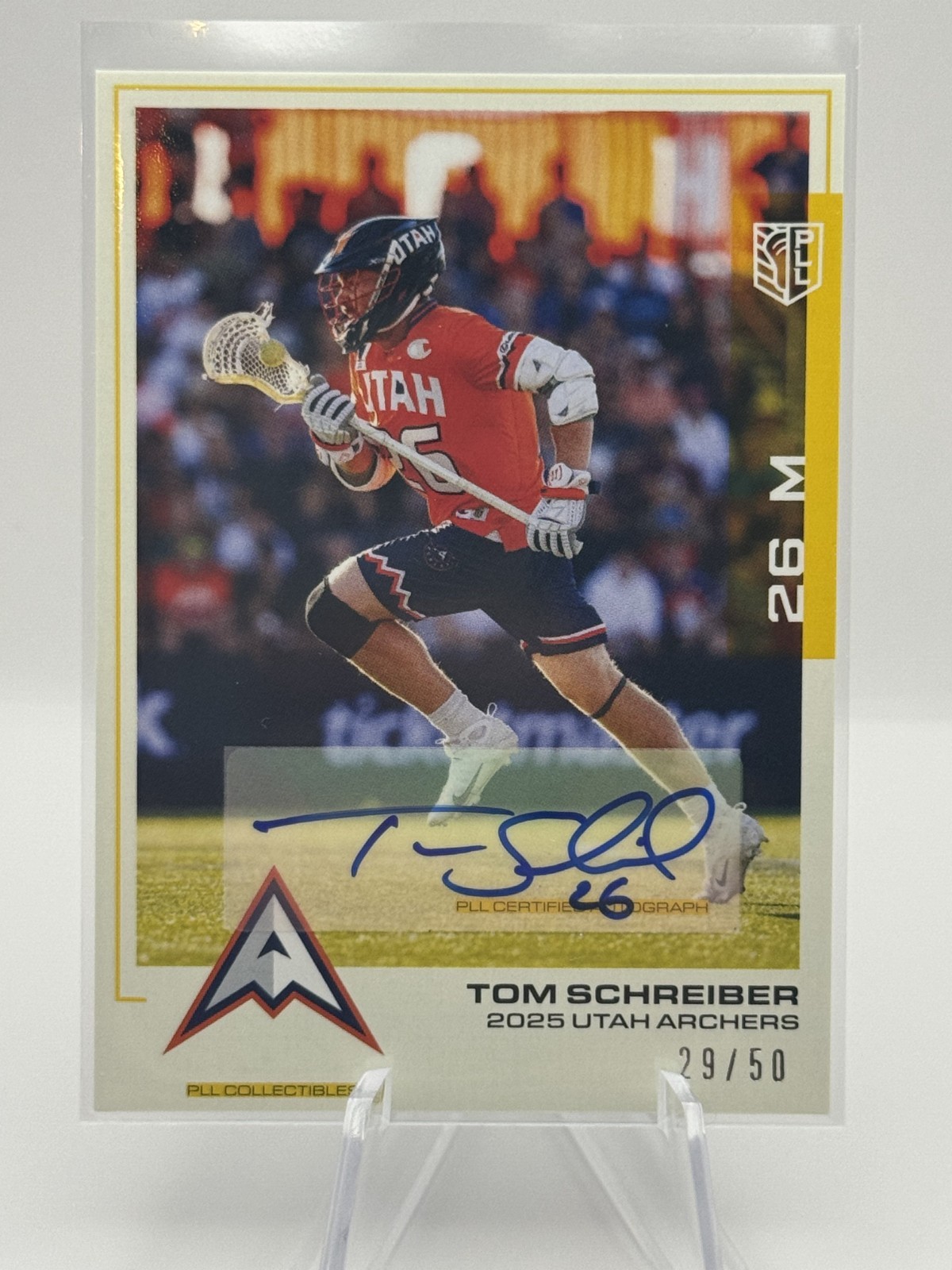 Tom Schreiber 2025 Premier Lacrosse League PLL Yellow Autograph #29/50