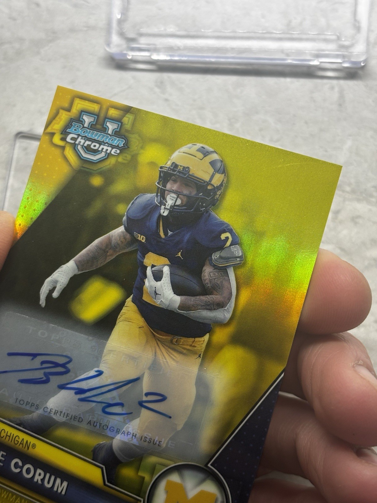 2023 Bowman Chrome Blake Corum Yellow MICHIGAN COLOR MATCH Refractor Auto # /75