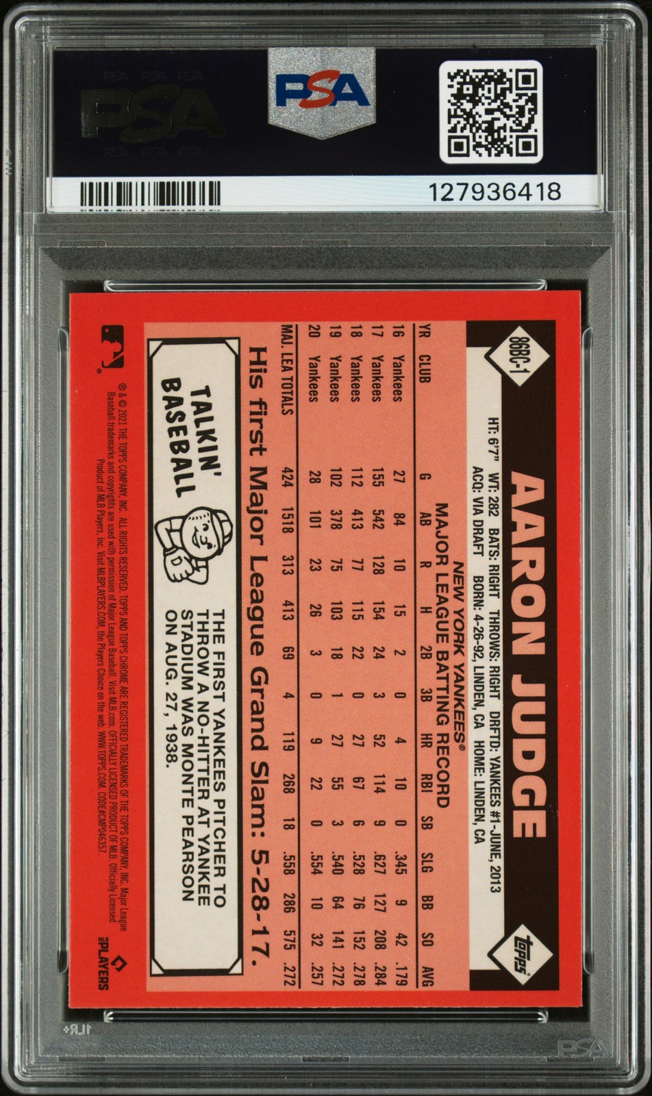 2021 TOPPS CHROME 1986 TOPPS BASEBALL #86BC1 AARON JUDGE PSA 10