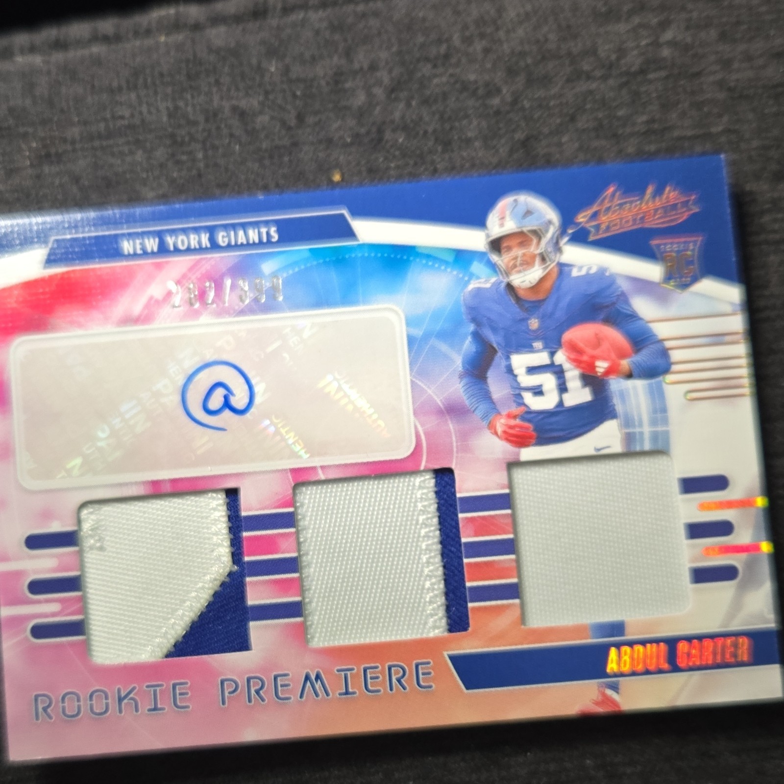 Panini Absolute Football Abdul Carter Giants RC Premiere 3 Patch auto#282/399