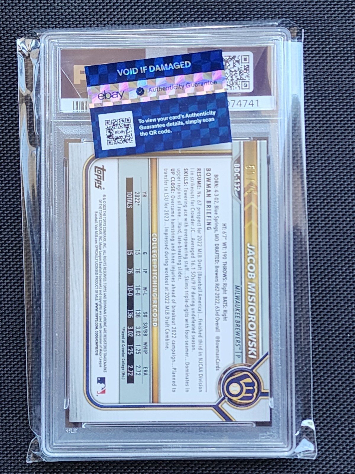 2022 JACOB MISIOROWSKI Bowman Chrome 1st RC YELLOW LAVA REFRACTOR #/75 PSA 9