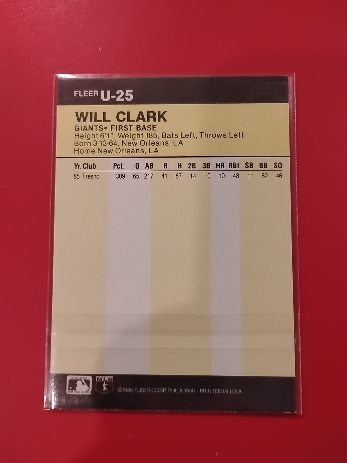 1986 Fleer Update – Will Clark #U-25 (RC)