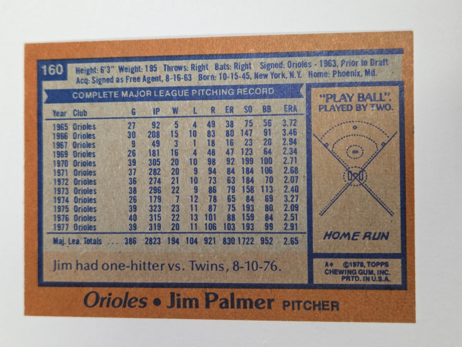 1978 Topps – Jim Palmer #160 EX+