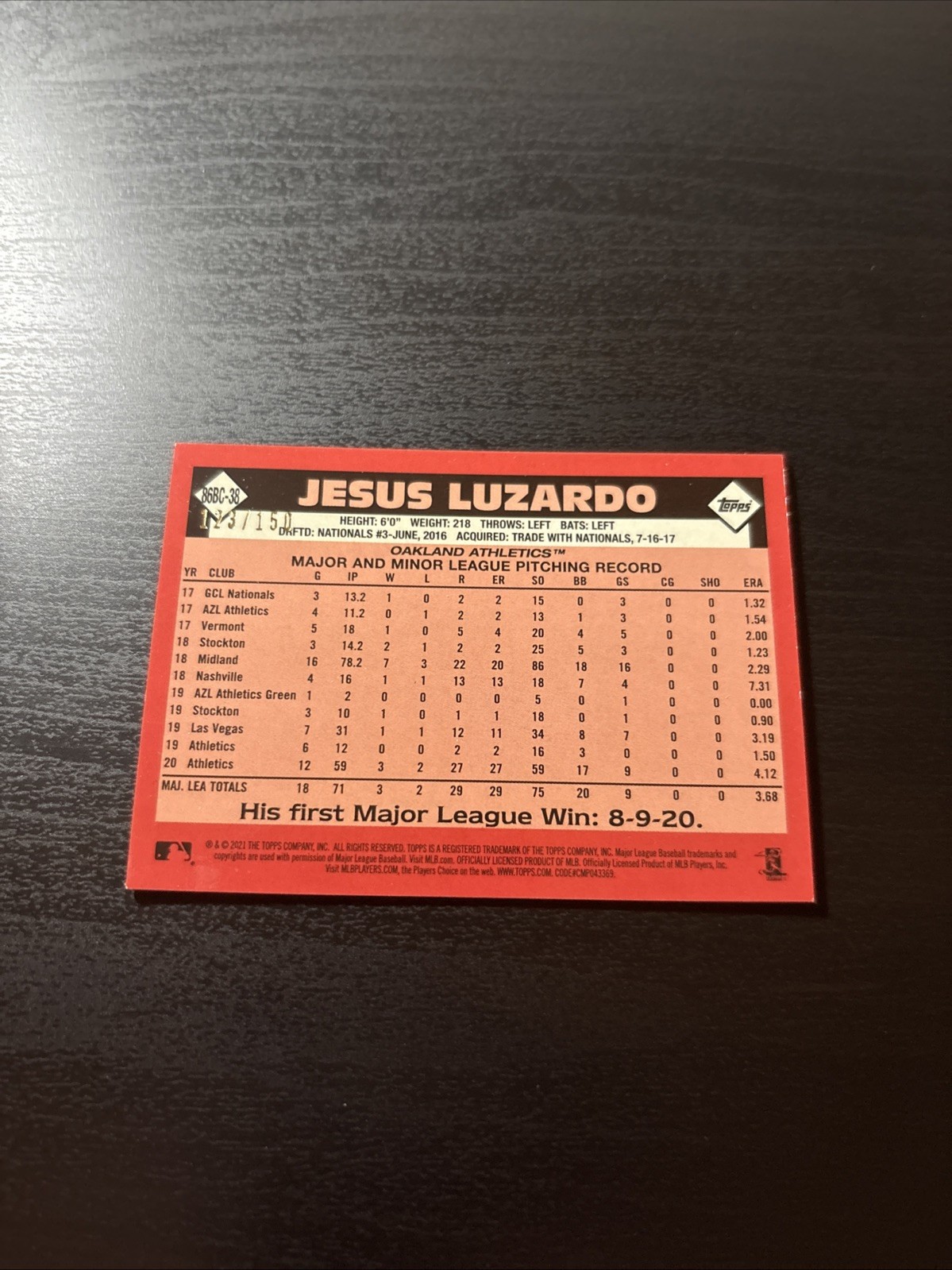 2021 Topps Silver Pack 1986 Topps Chrome Baseball Jesus Luzardo #86BC-38 Blue150