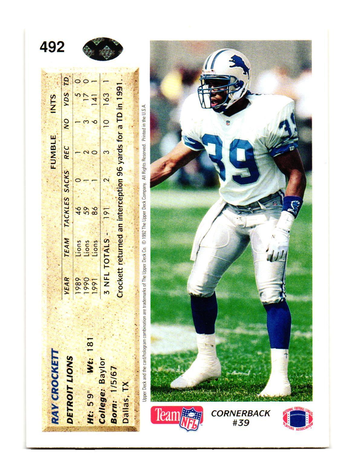 1992 Upper Deck #492 Ray Crockett Detroit Lions