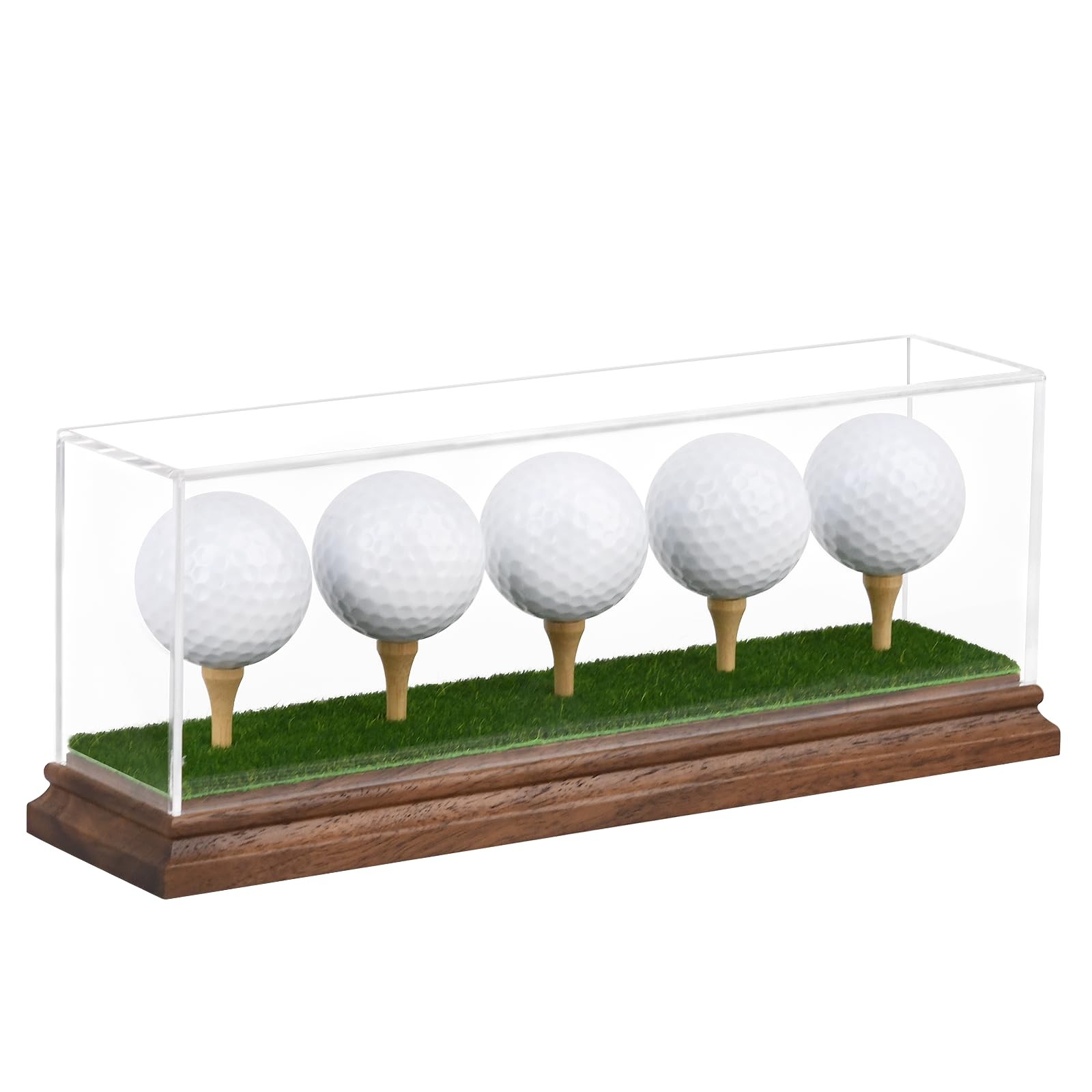 Acrylic 5 Golf Ball Display Case Walnut Wood Base UV Protection Stand Holder