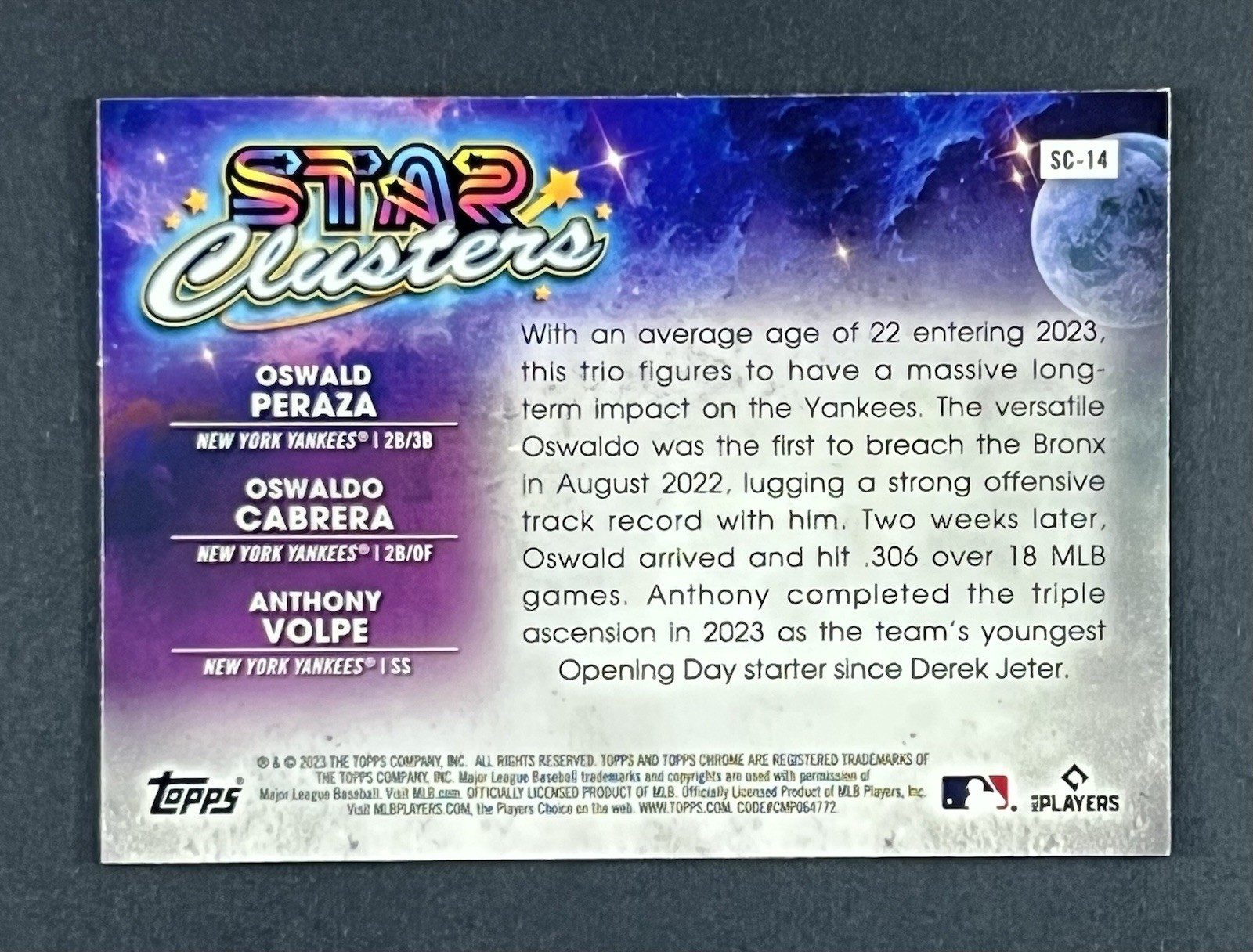 2023 Topps Cosmic Chrome #SC-14 Anthony Volpe / Peraza / Cabrera Star Clusters