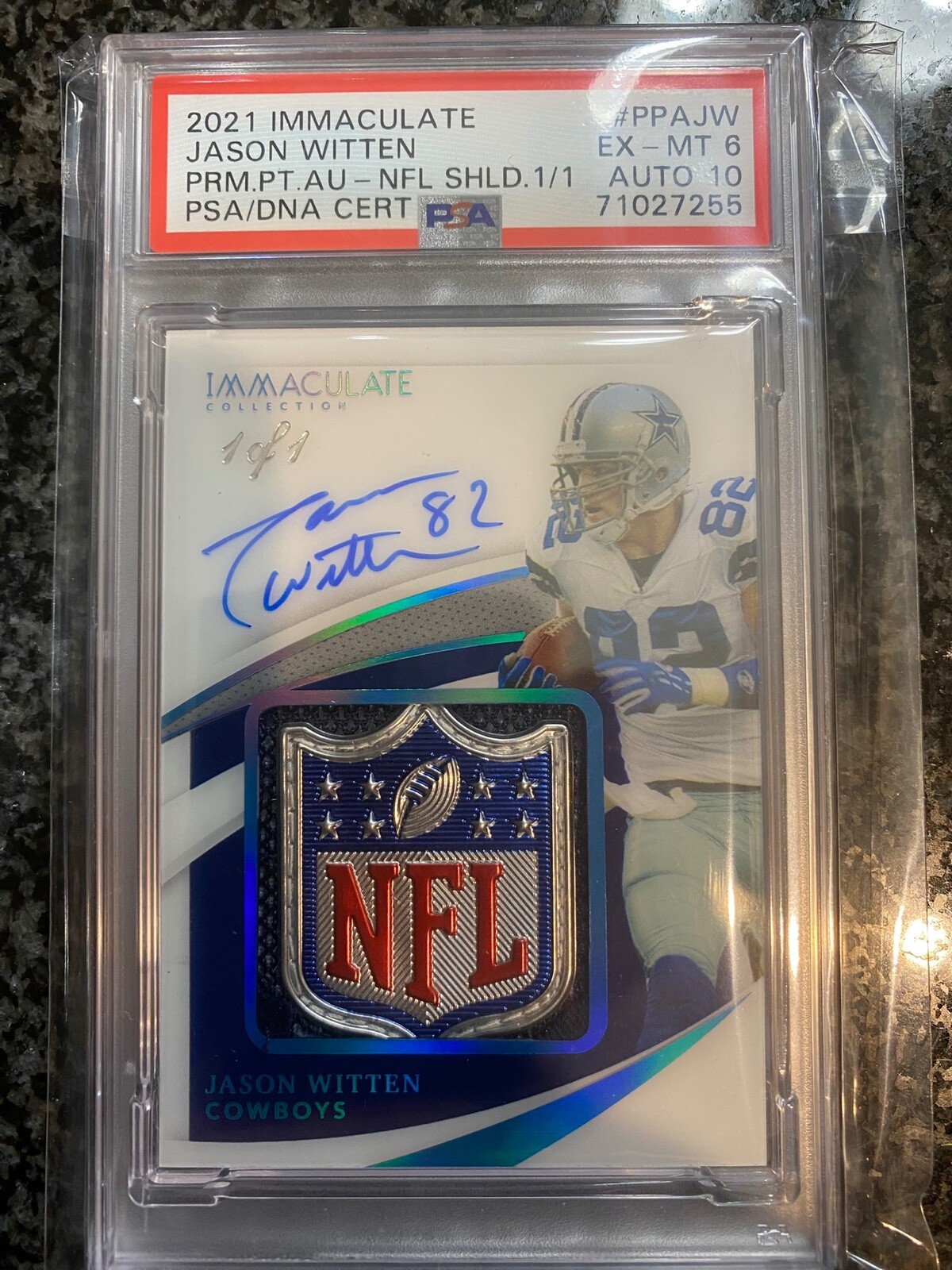 2021 IMMACULATE COLLECTION Jason Witten NFL SHIELD #1/1 PSA 6 Auto 10