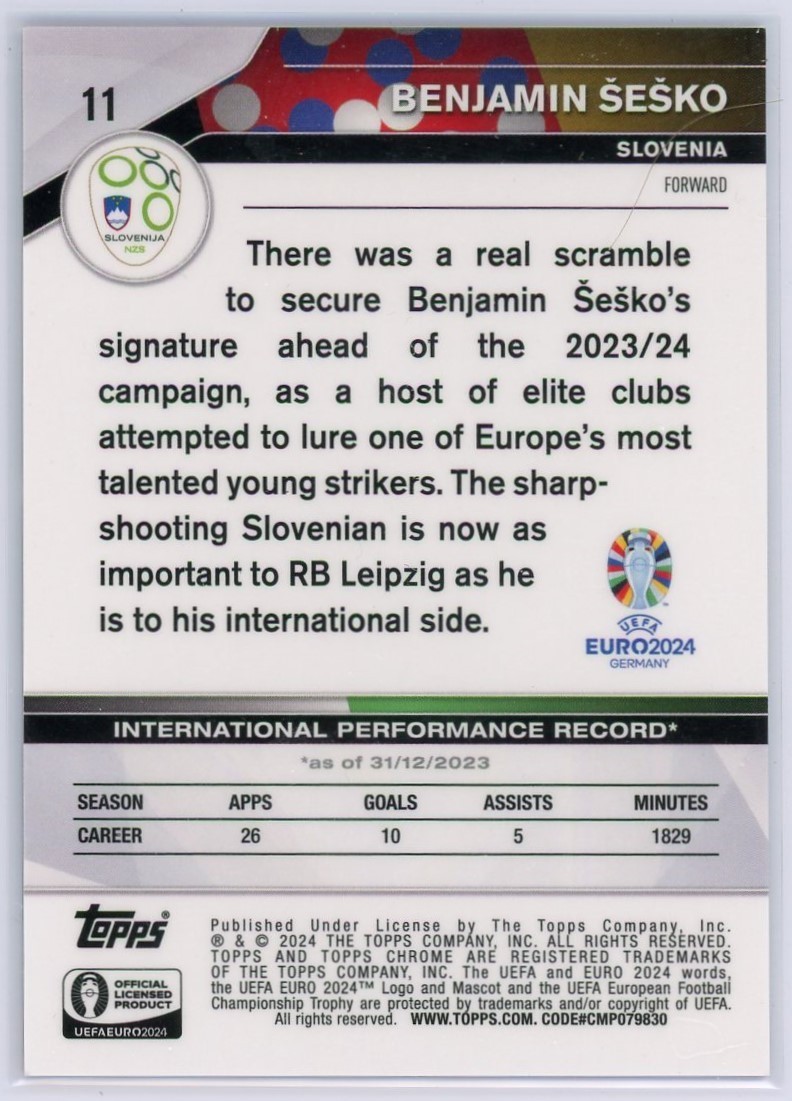 Benjamin Sesko 2024 Topps Chrome UEFA Euro Hero Variation SP #11