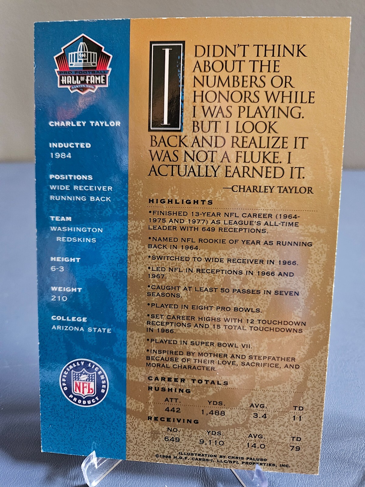 CHARLEY TAYLOR Unsigned Gold 1998 Football Signature Series Post Card
