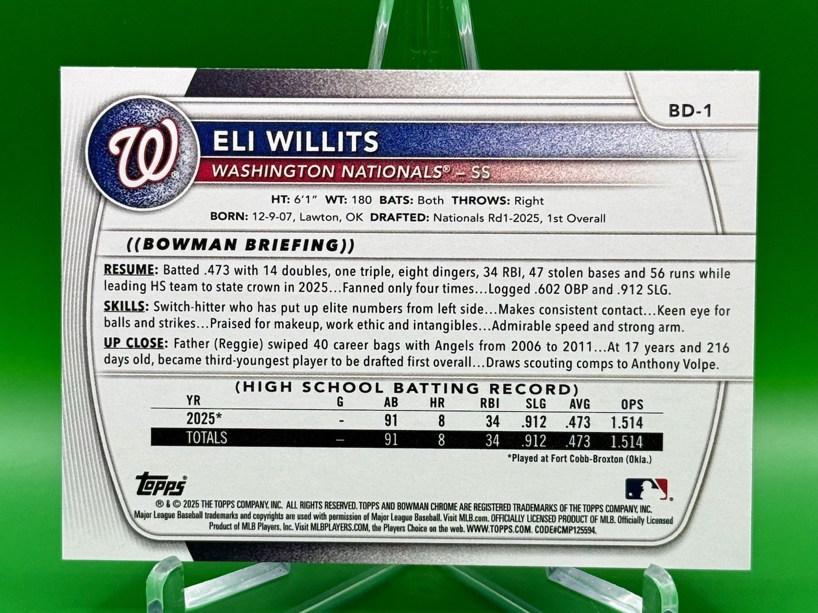 2025 Bowman Draft Eli Willits #BD-1 Washington Nationals Rookie RC 1st Card