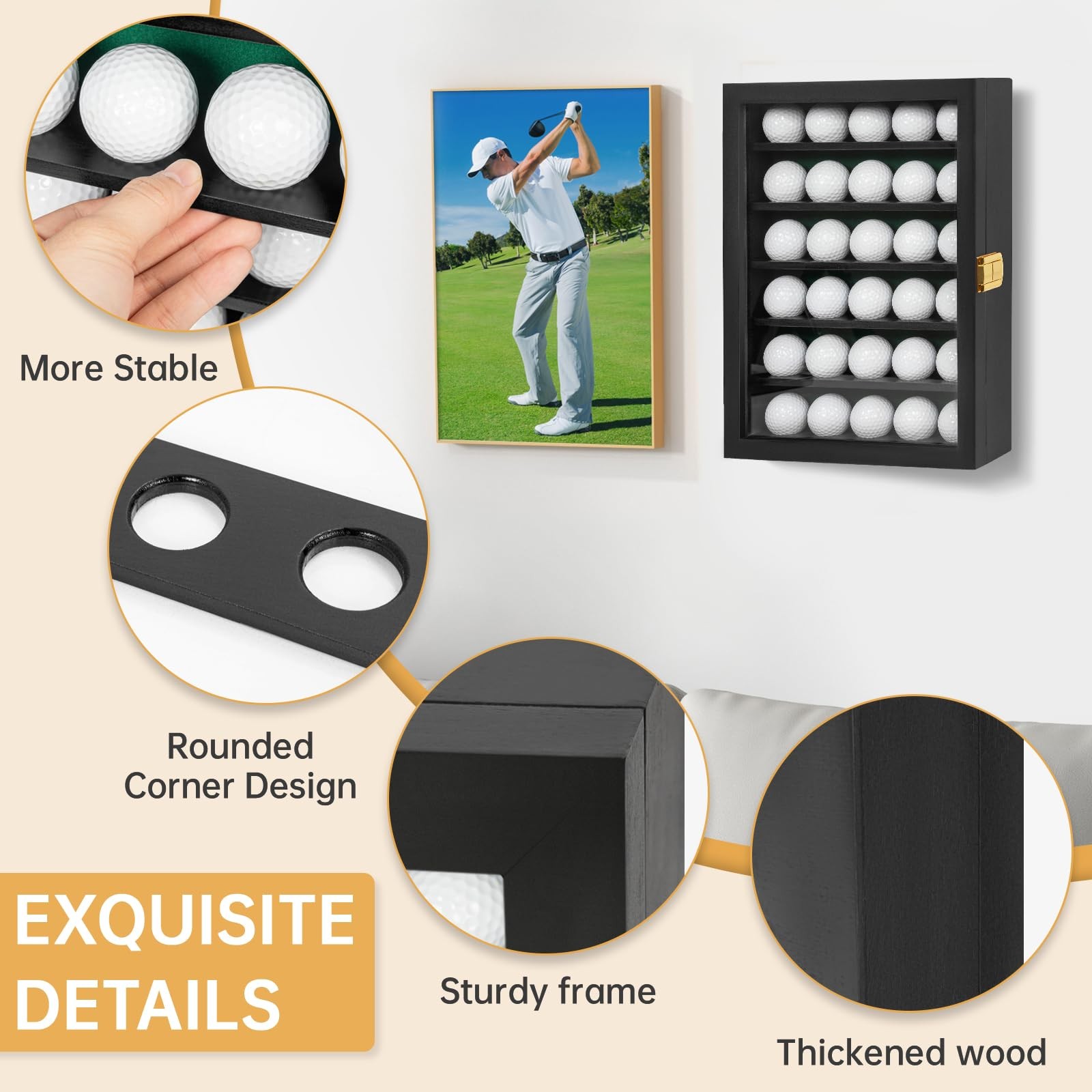 Solid Wood Golf Ball Display Case Holder Wall Mount Acrylic Door 30 Balls