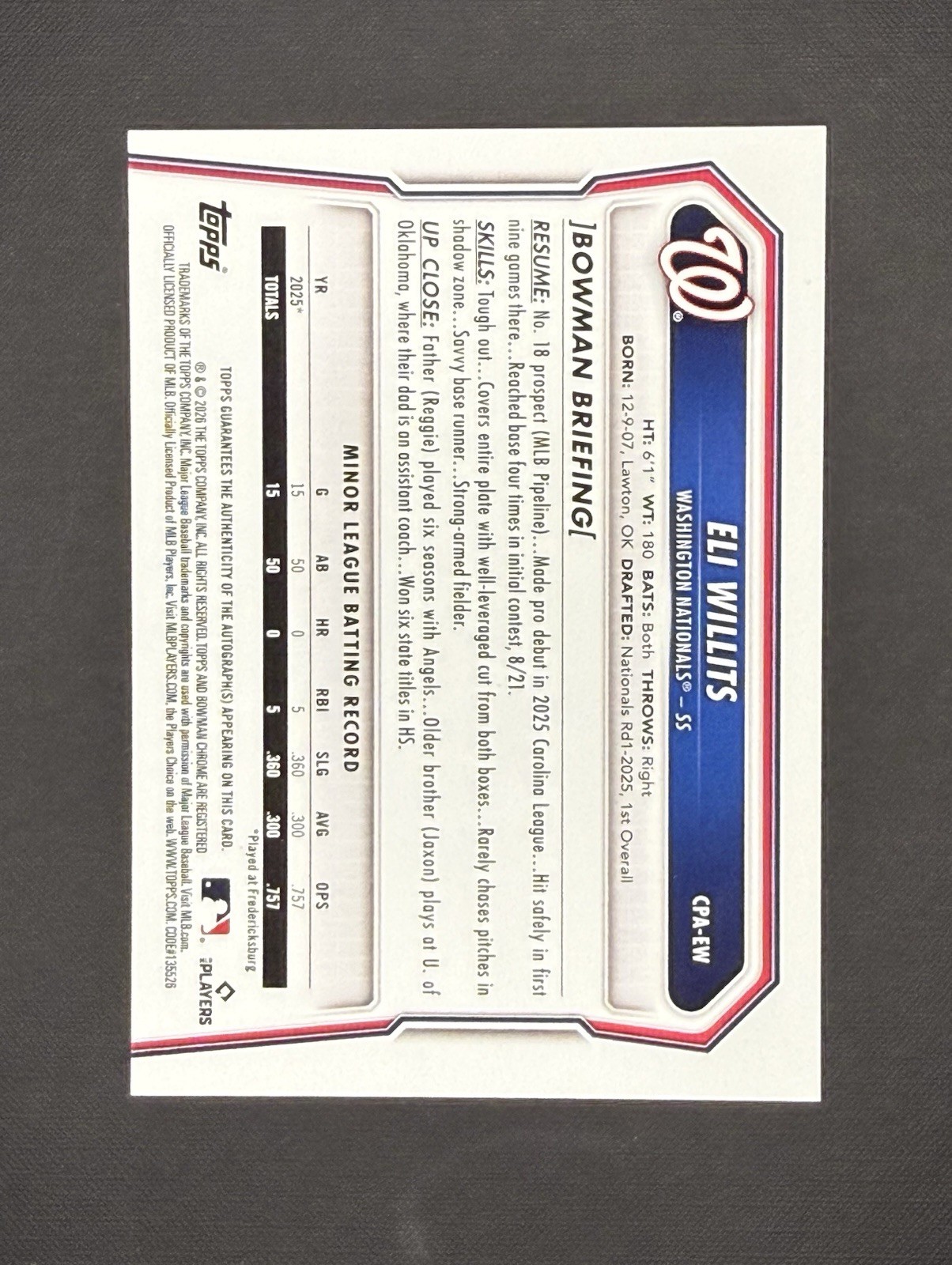 2026 Bowman Chrome Eli Willits True Yellow Refractor Auto /75